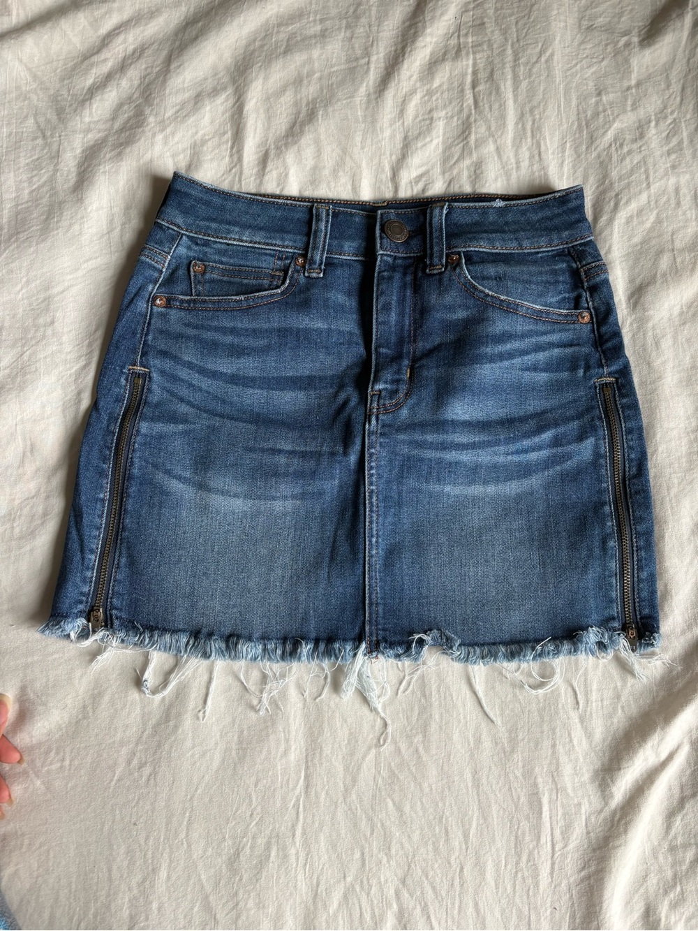 American Eagle Blue Denim Mini Skirt with Frayed Hem